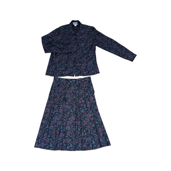 Vintage Pendleton Skirt Suit Set Button Down Floral Jewel Tone Blue Womens 10 - Picture 2 of 5